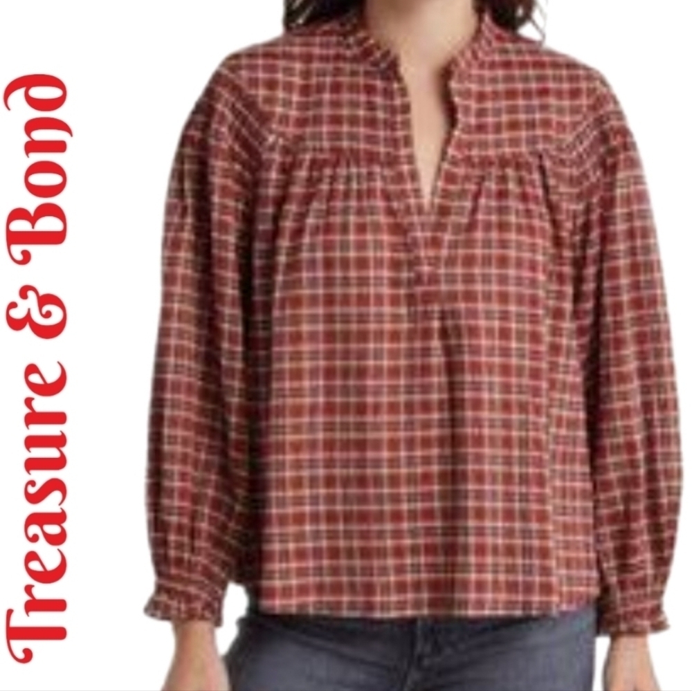 Tresure & Bond Womens Pull Over Top Sz L Rust Plaid Ballon Sleeves Relaxed Fit*